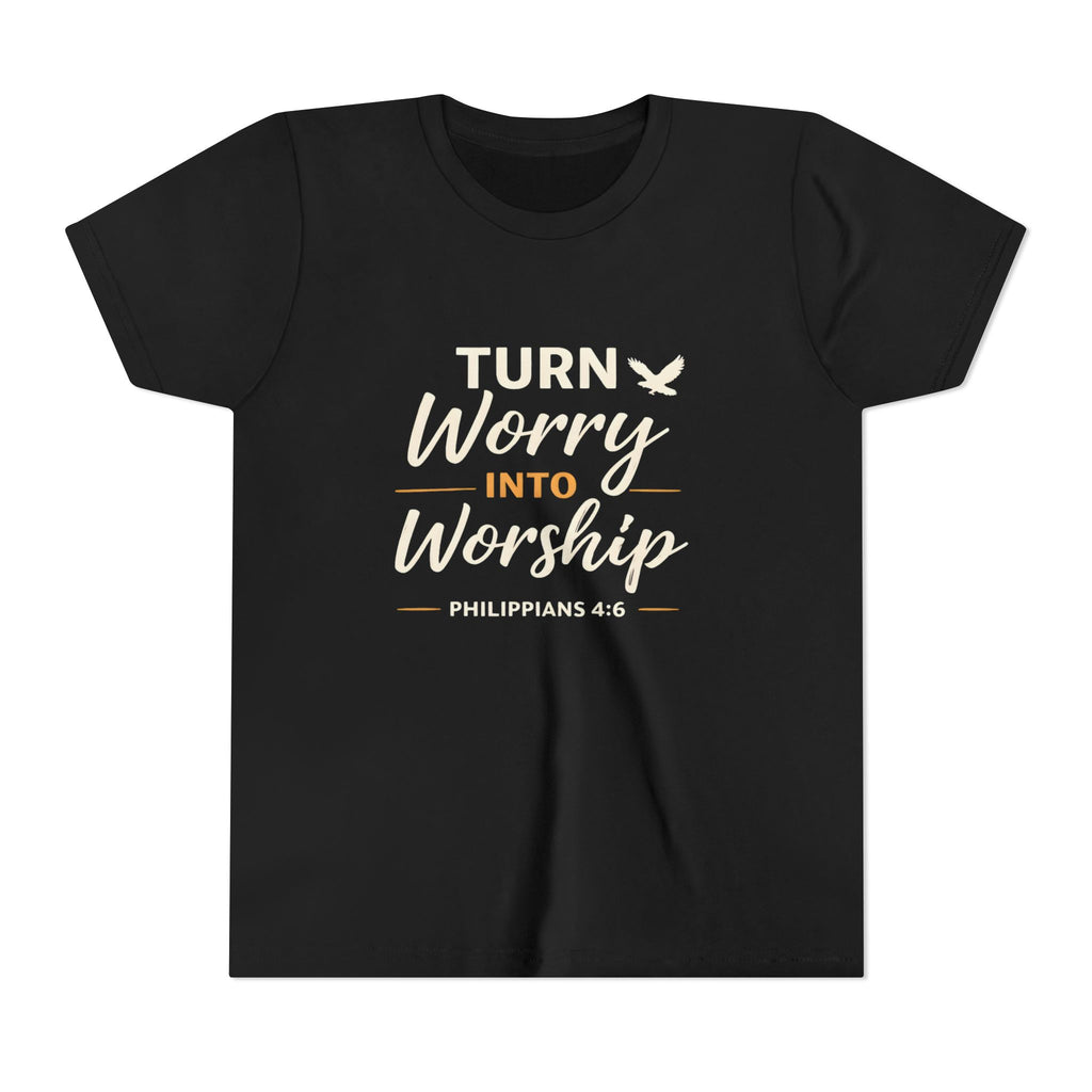 Girls Youth Tee - "Turn Worry Into Worship" Philippians 4:6 Christian Kids Shirt