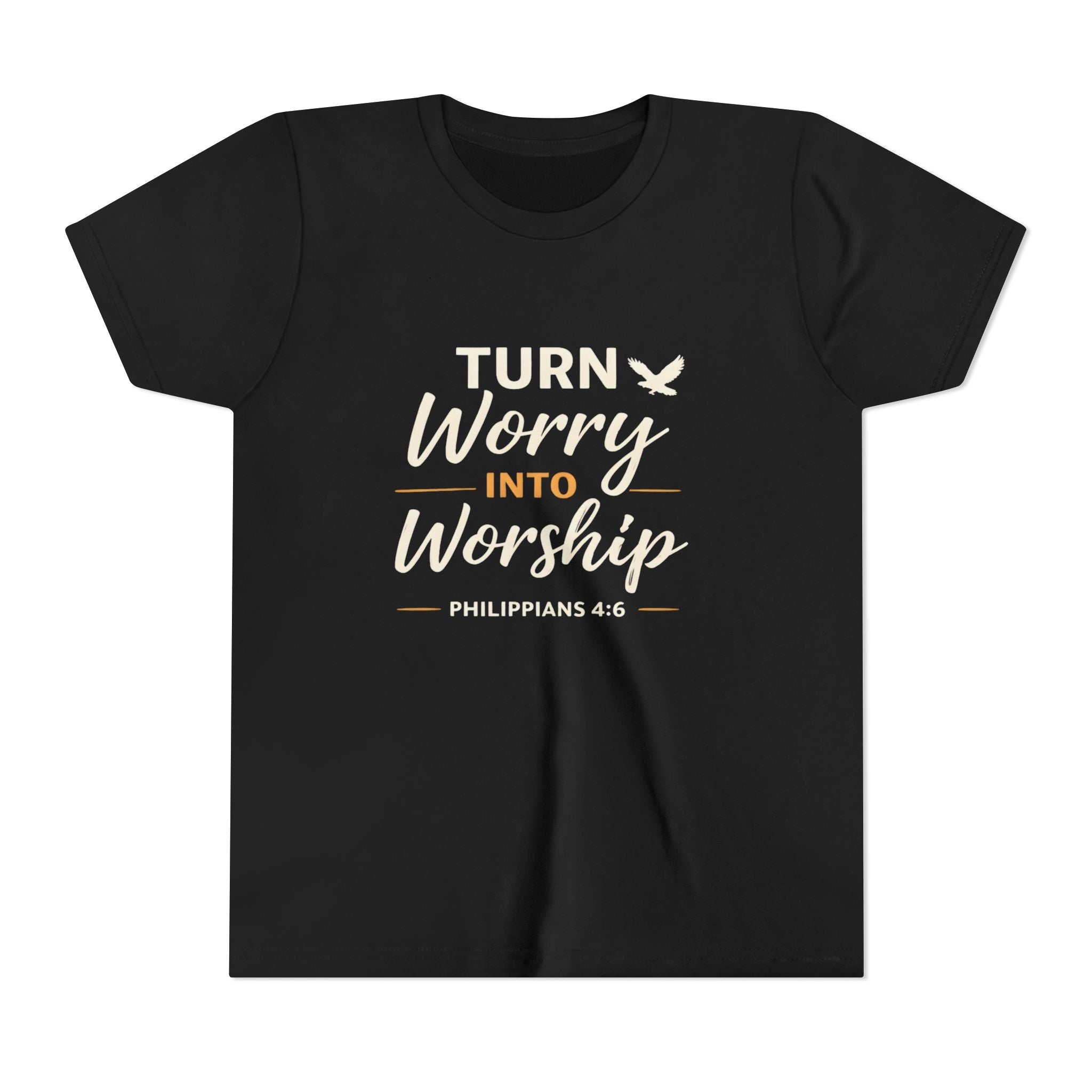 Girls Youth Tee - "Turn Worry Into Worship" Philippians 4:6 Christian Kids Shirt
