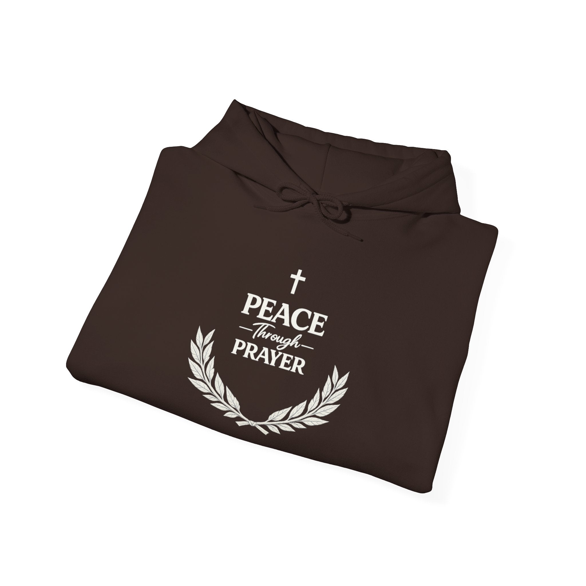Mens Hoodie "Peace Through Prayer" Religious Laurel Cross Hoodie
