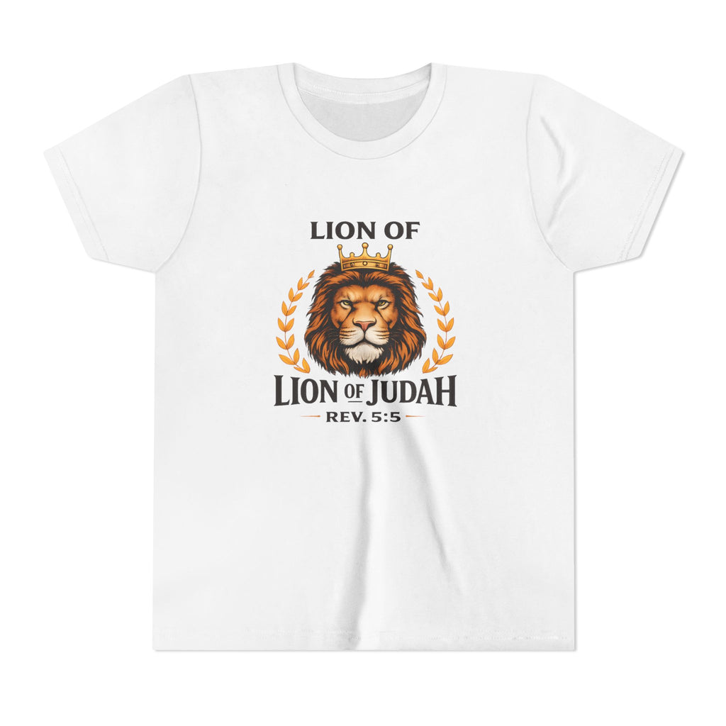 Boys Youth T-Shirt — 'Lion of Judah' Crowned Lion Biblical Tee (Rev. 5:5)