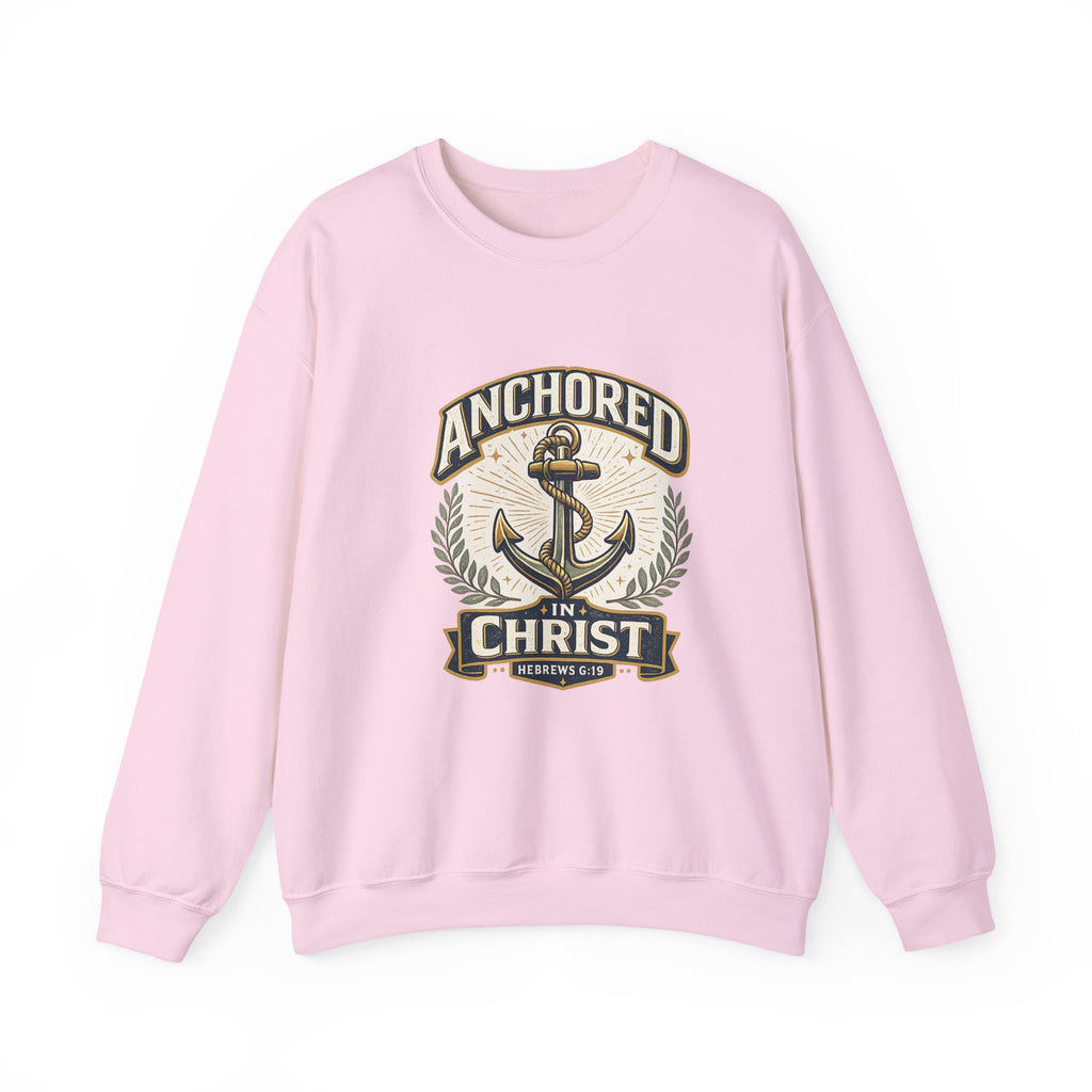 Womens Anchored in Christ Crewneck Sweatshirt — Christian Anchor Faith Pullover