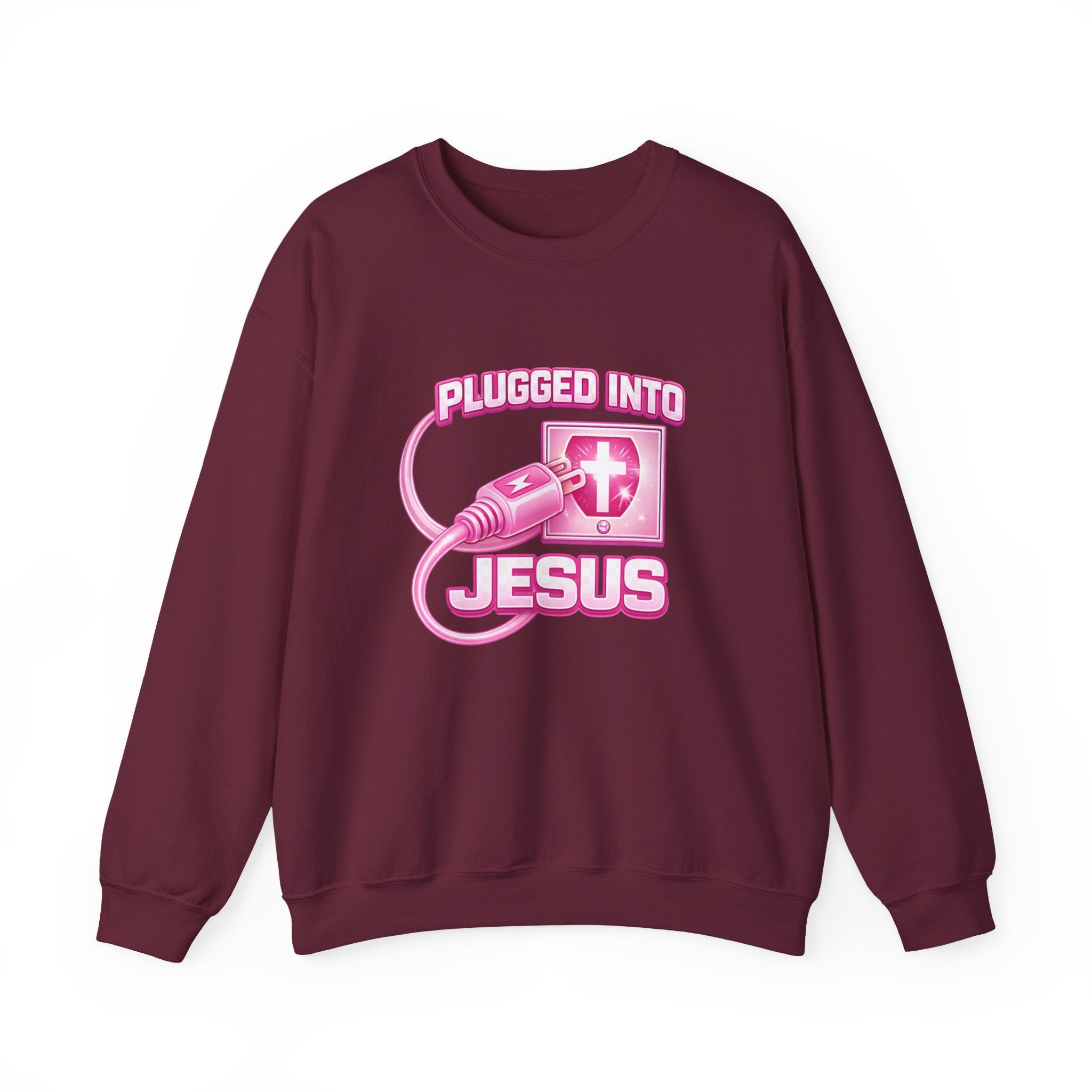 Womens Christian Crewneck Sweatshirt — "Plugged Into Jesus" Pink Graphic