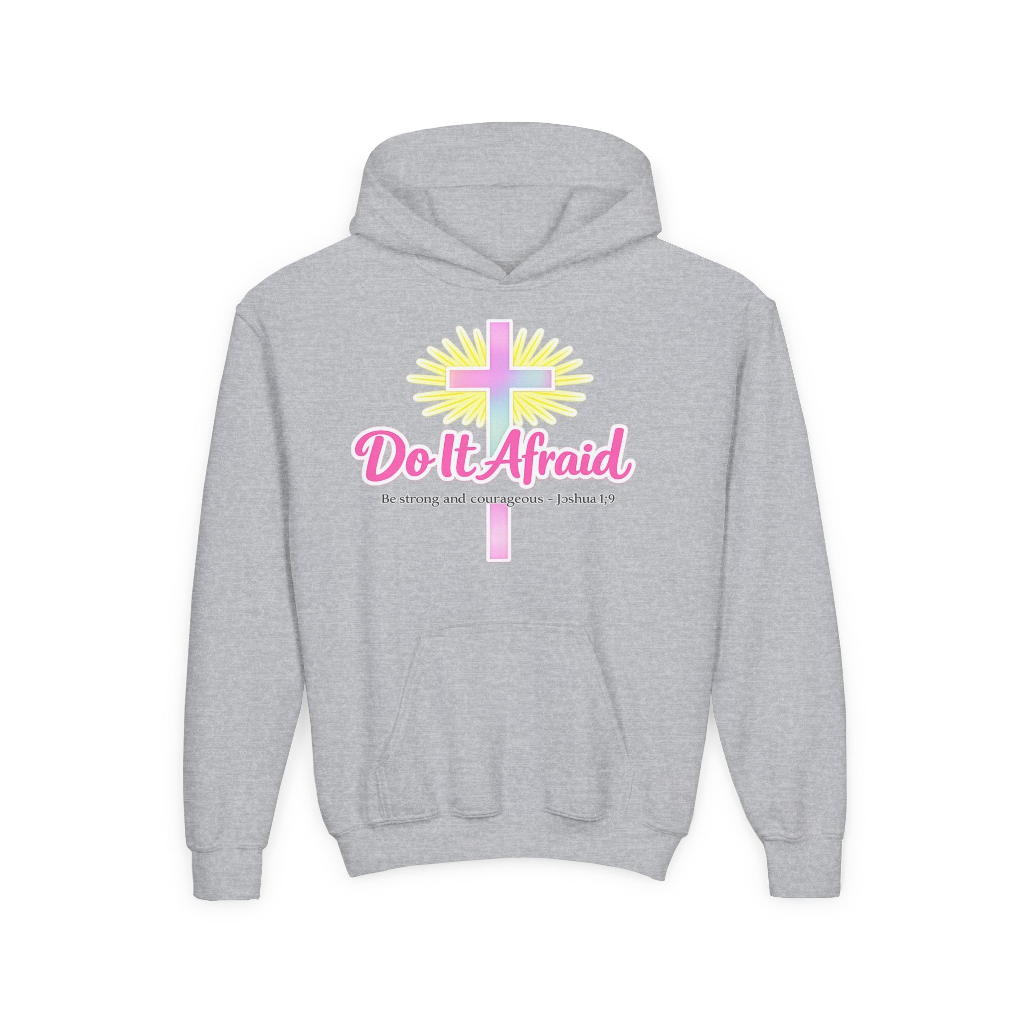 Youth Hoodie — "Do It Afraid" Christian Cross Inspirational Sweatshirt (Joshua 1:9)
