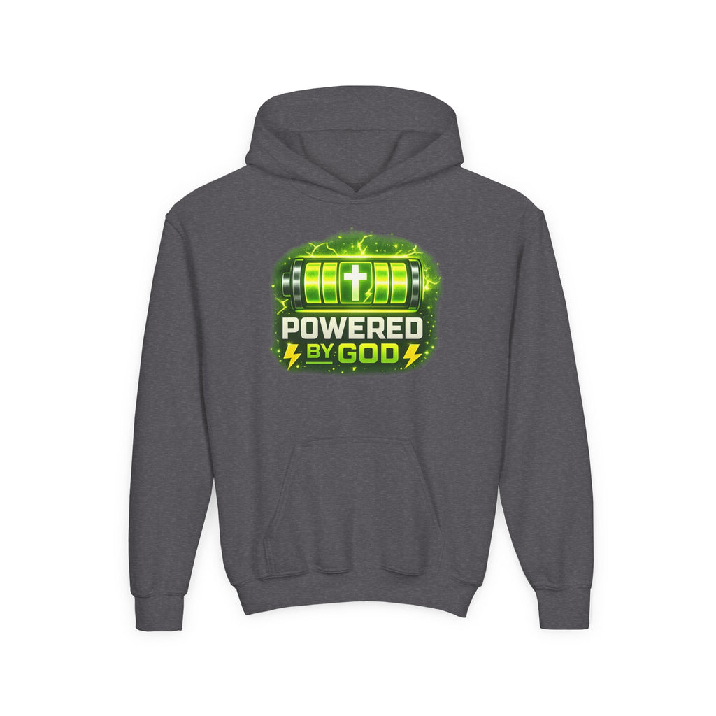 Youth Hoodie — "Powered by God" Green Battery Christian Sweatshirt