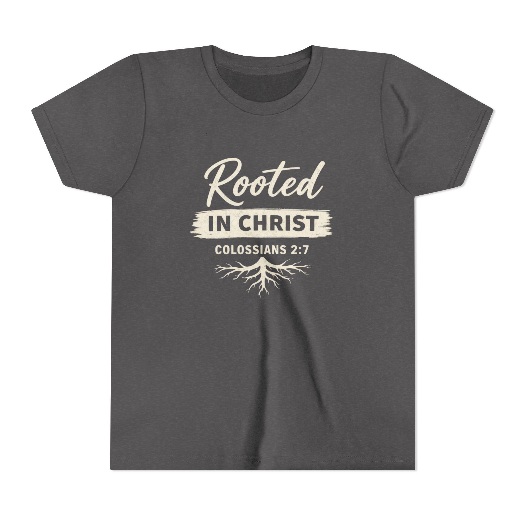 Boys Youth Tee - "Rooted in Christ" Colossians 2:7 Christian Kids Shirt