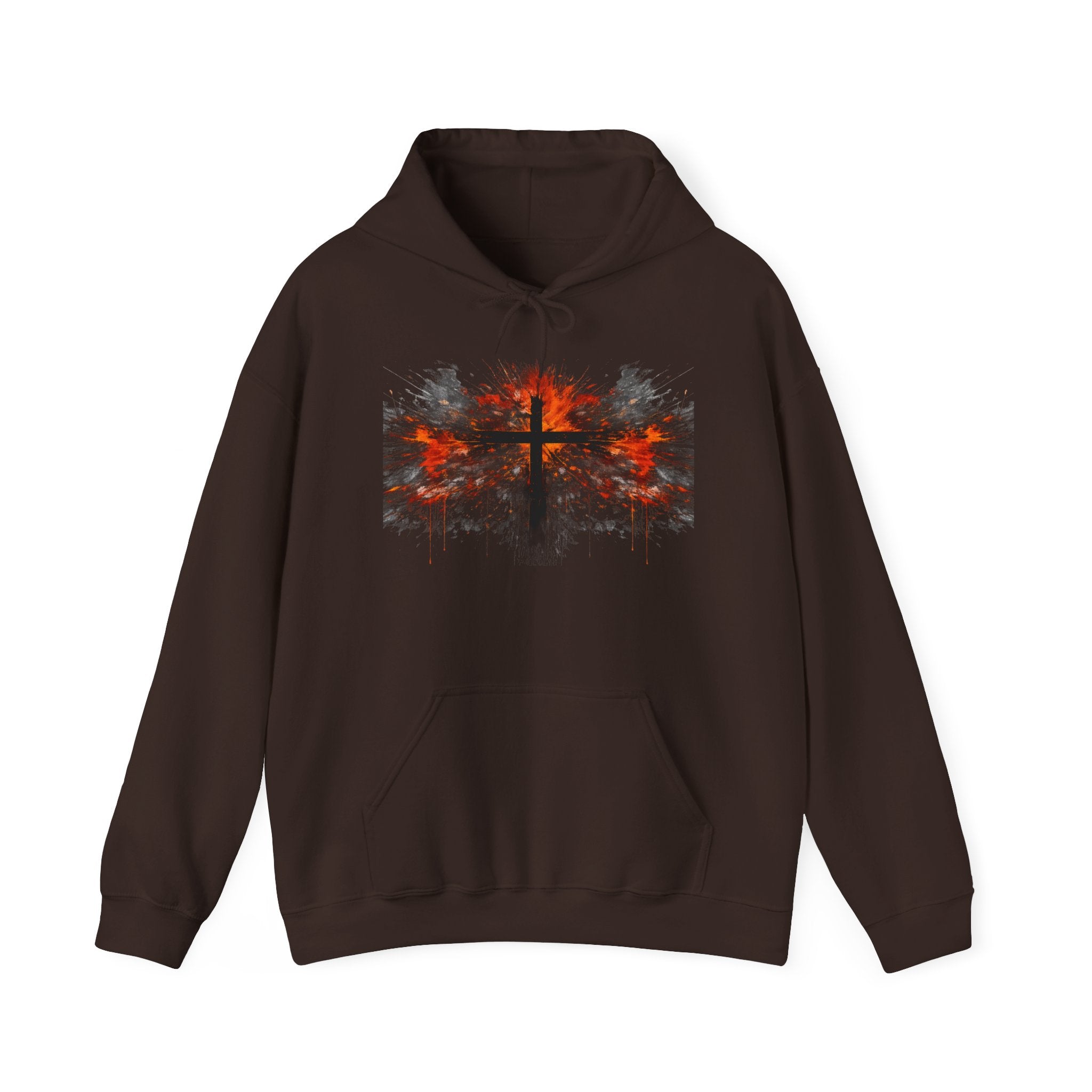 Mens Christian Cross Hoodie — Grunge Red & Black Faith Pullover