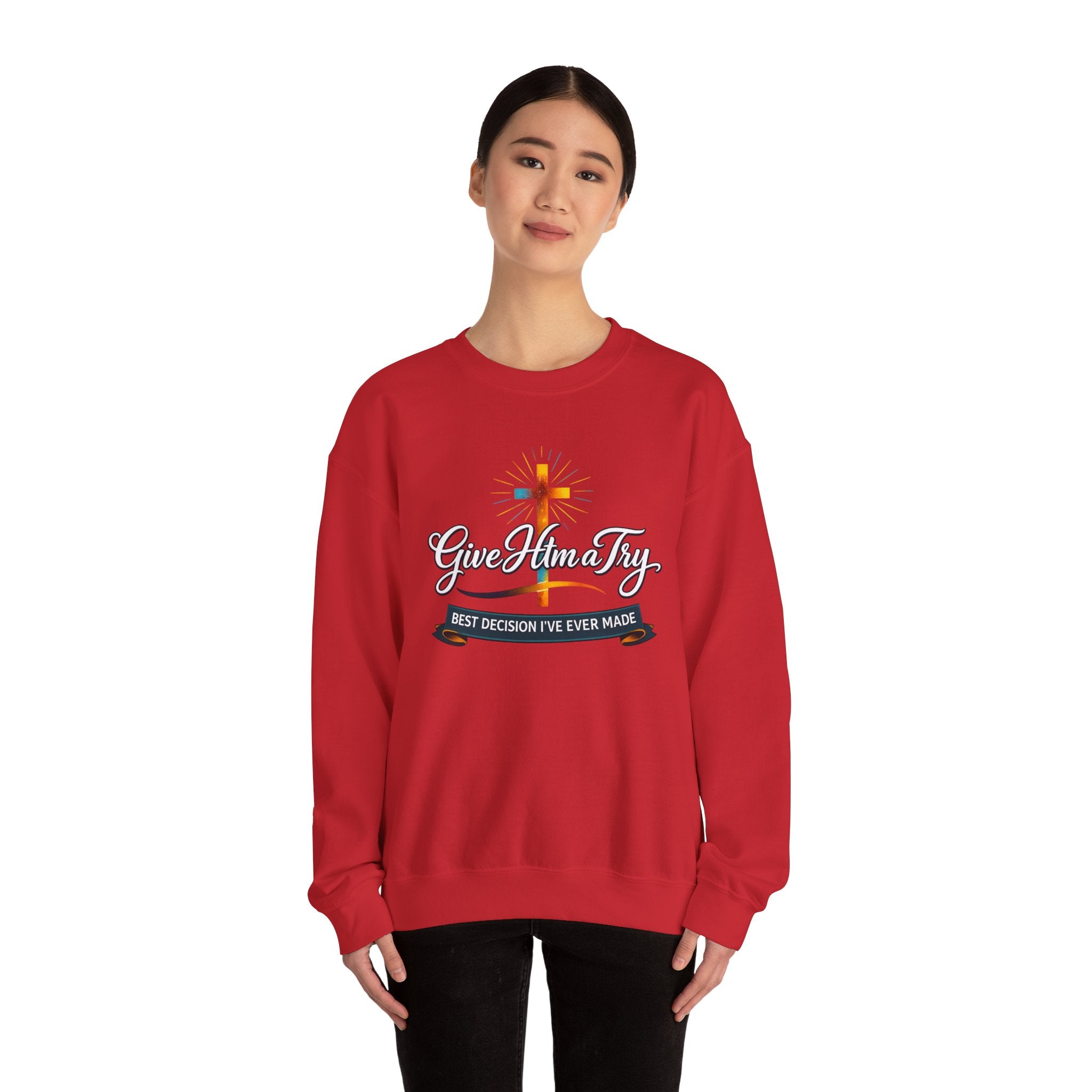 Womens Christian Crewneck Sweatshirt — "Give Him a Try" Faith Cross Design