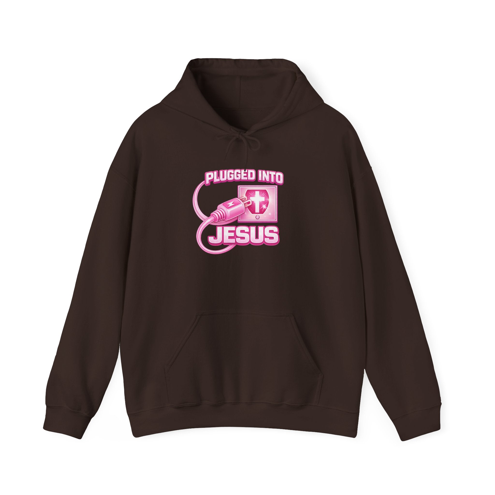 Plugged Into Jesus Hoodie — Pink Christian Faith Graphic Sweatshirt
