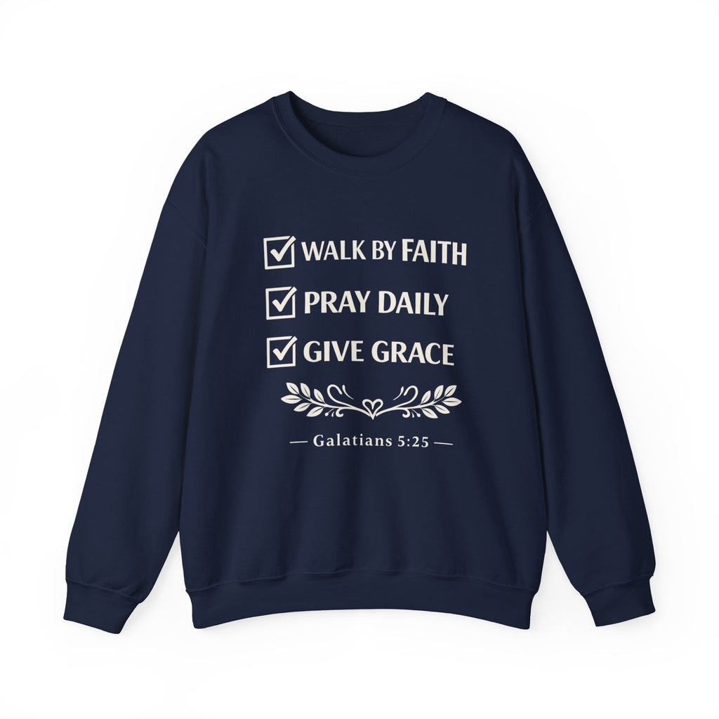 Women Faith Checklist Crewneck Sweatshirt — "Walk by Faith, Pray Daily, Give Grace"
