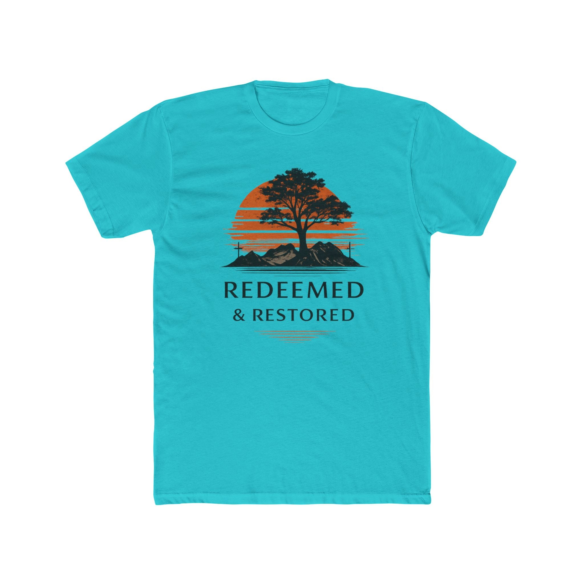 Redeemed & Restored Tee — Faith-Inspired Tree Sunset Graphic T-Shirt