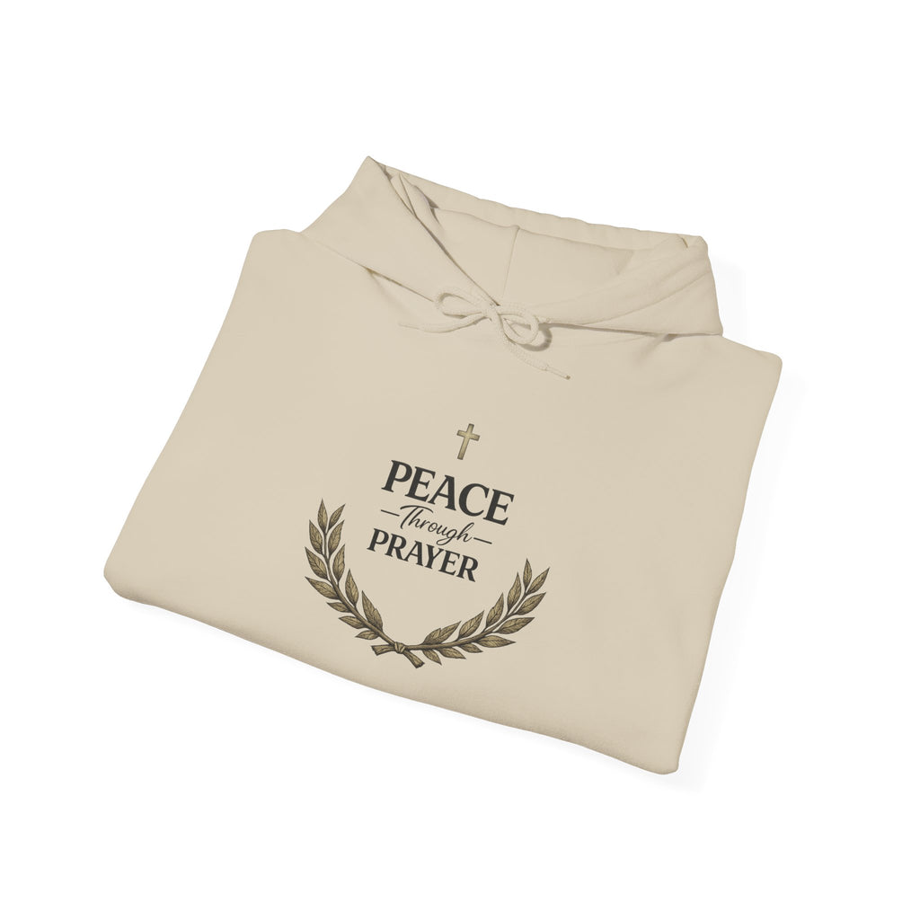 Mens Hoodie "Peace Through Prayer" Religious Laurel Cross Hoodie