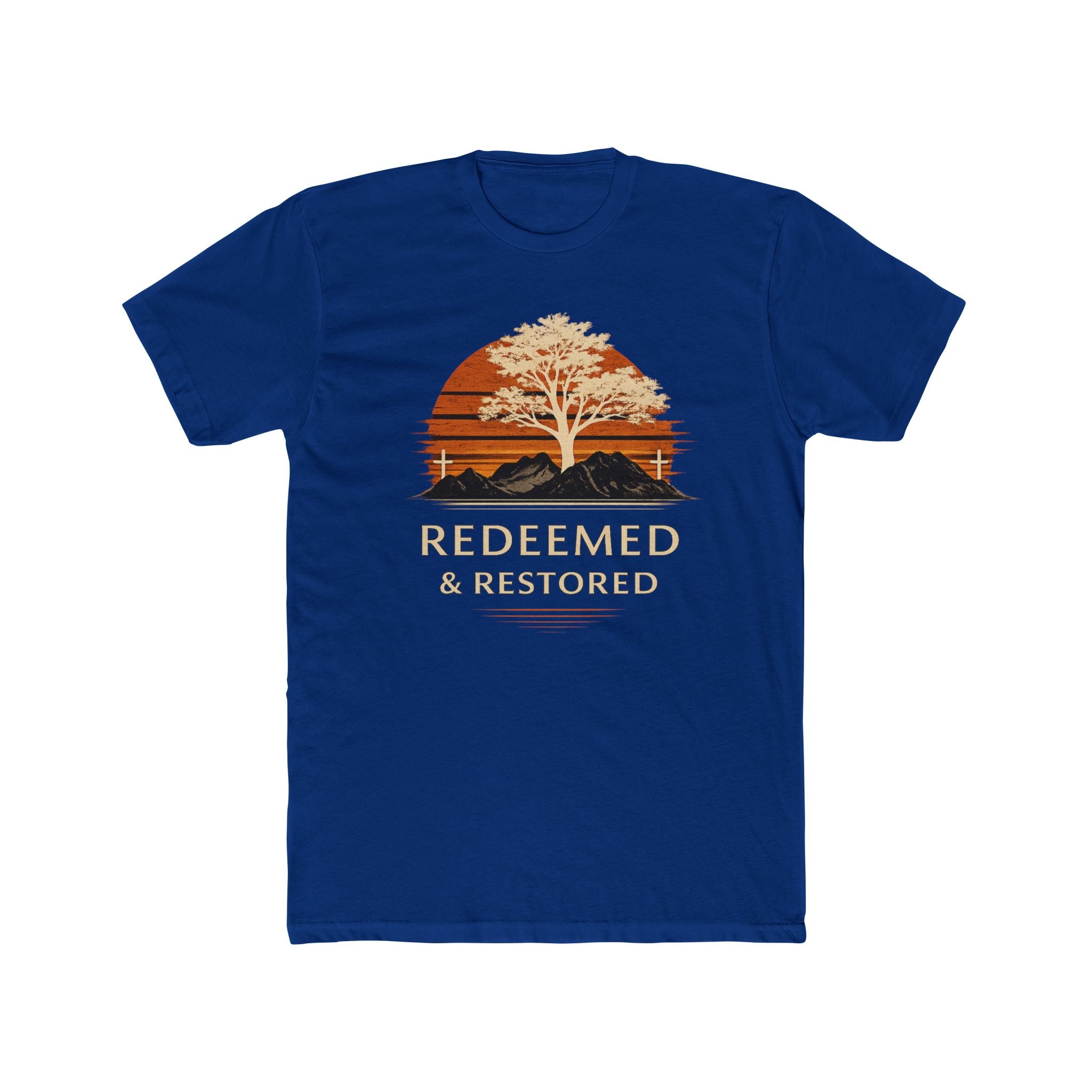 Redeemed & Restored Tee — Faith-Inspired Tree Sunset Graphic T-Shirt