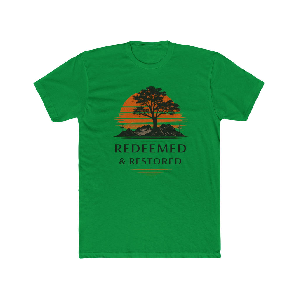 Redeemed & Restored Tee — Faith-Inspired Tree Sunset Graphic T-Shirt