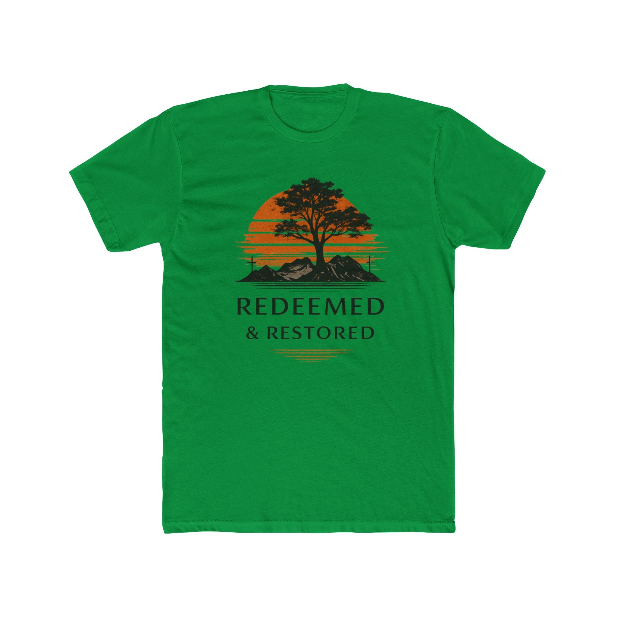 Redeemed & Restored Tee — Faith-Inspired Tree Sunset Graphic T-Shirt