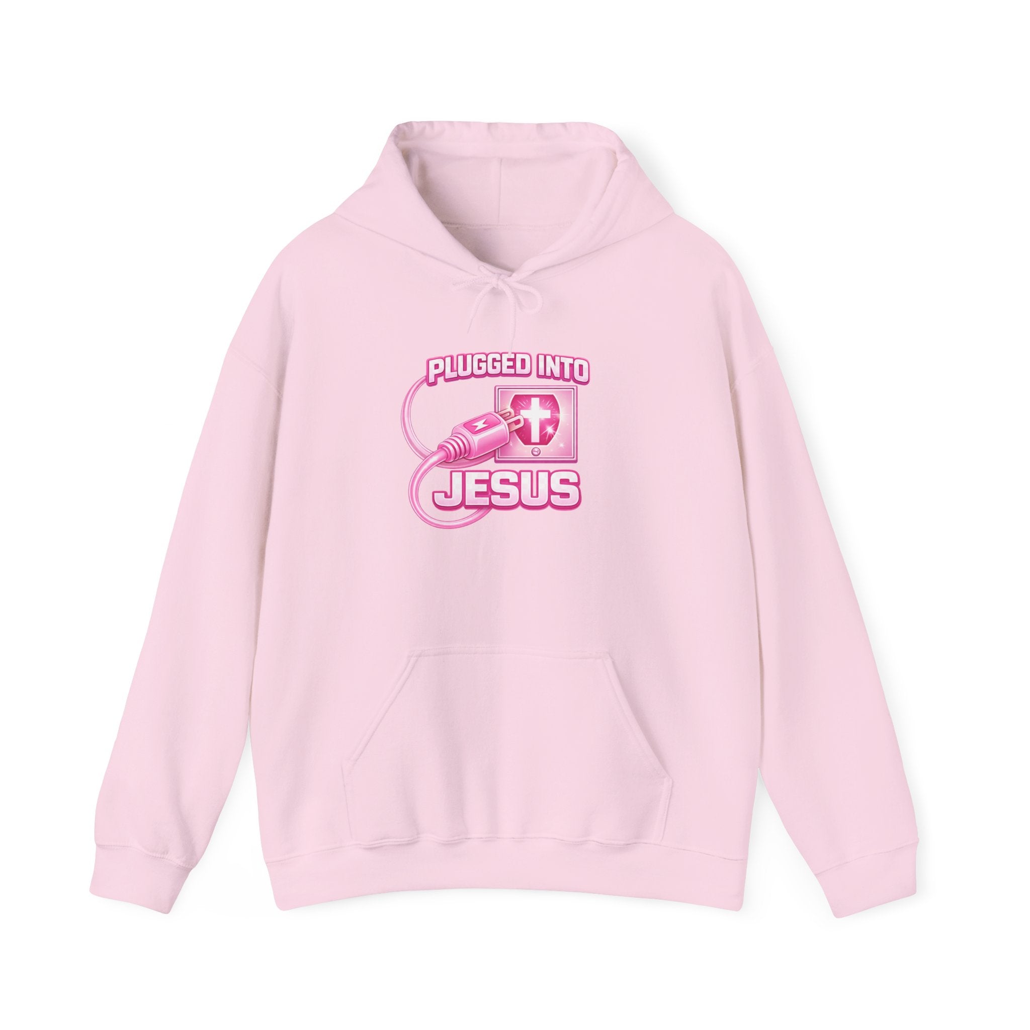 Plugged Into Jesus Hoodie — Pink Christian Faith Graphic Sweatshirt