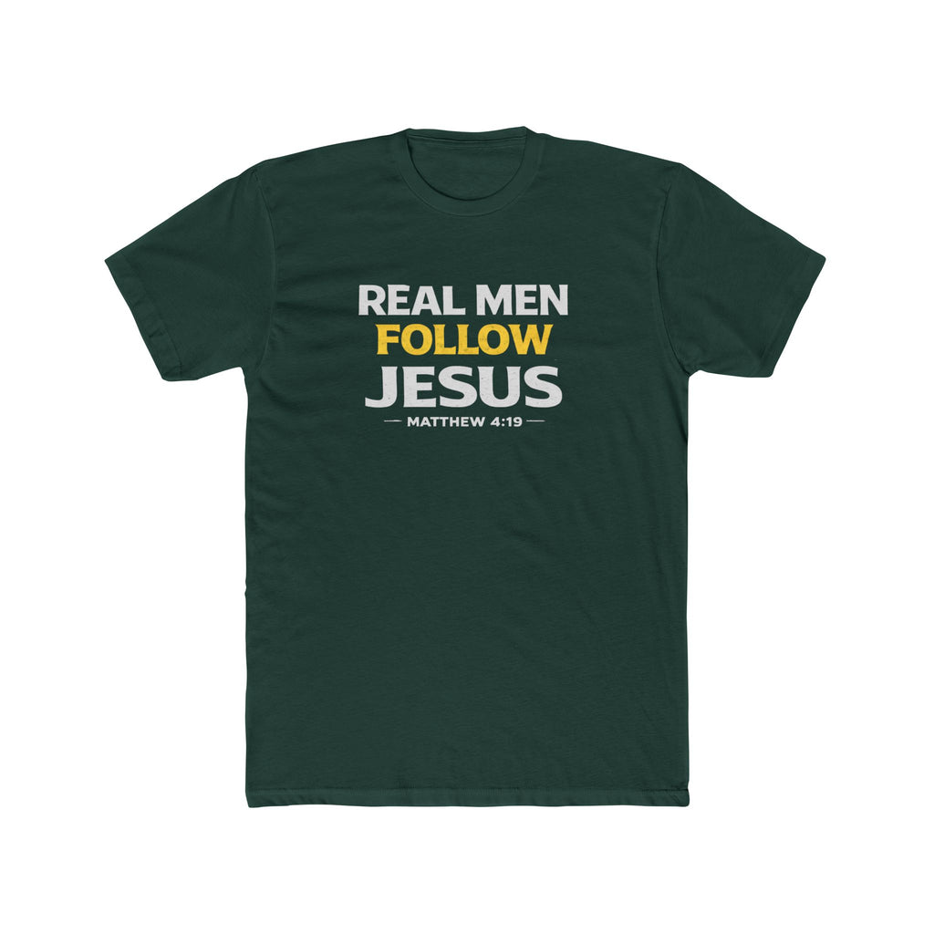 Real Men Follow Jesus Cotton Tee — Matthew 4:19 Christian Faith T-Shirt