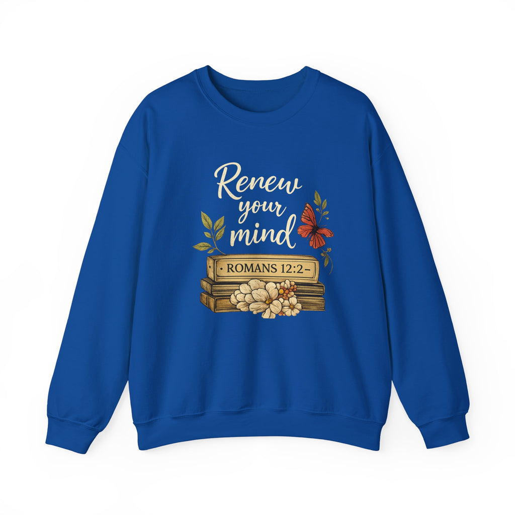 Womens Crewneck Sweatshirt - "Renew Your Mind" Romans 12:2 Floral Christian Pullover