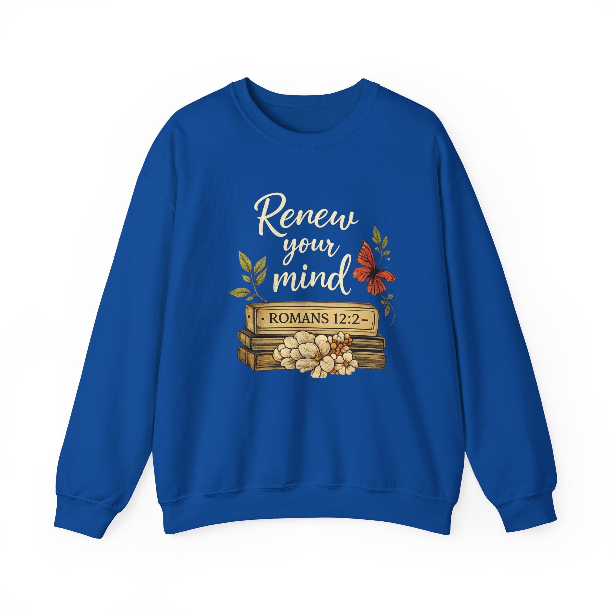 Womens Crewneck Sweatshirt - "Renew Your Mind" Romans 12:2 Floral Christian Pullover