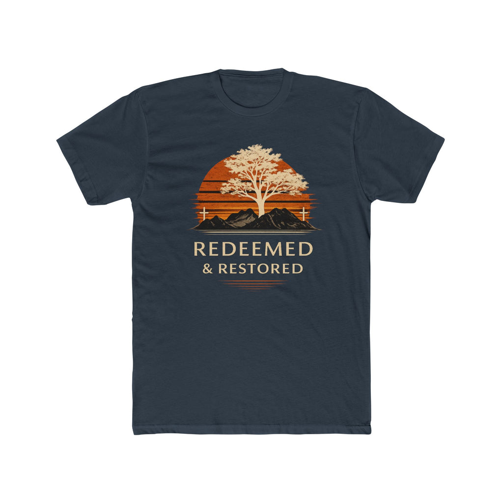 Redeemed & Restored Tee — Faith-Inspired Tree Sunset Graphic T-Shirt
