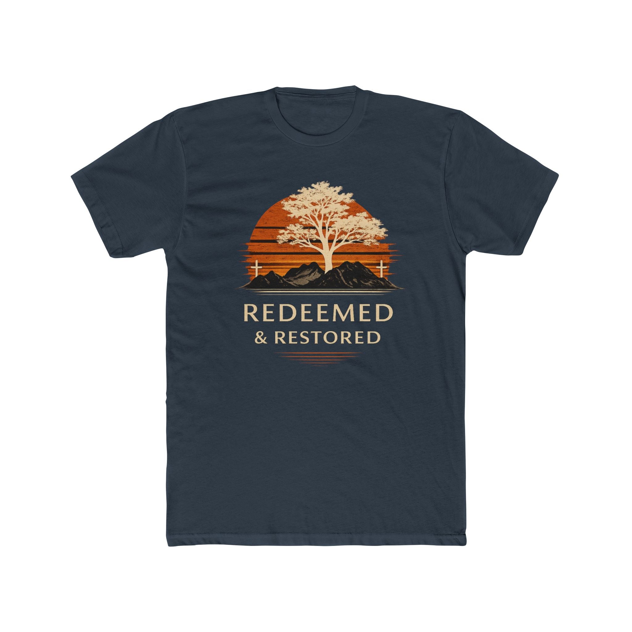 Redeemed & Restored Tee — Faith-Inspired Tree Sunset Graphic T-Shirt