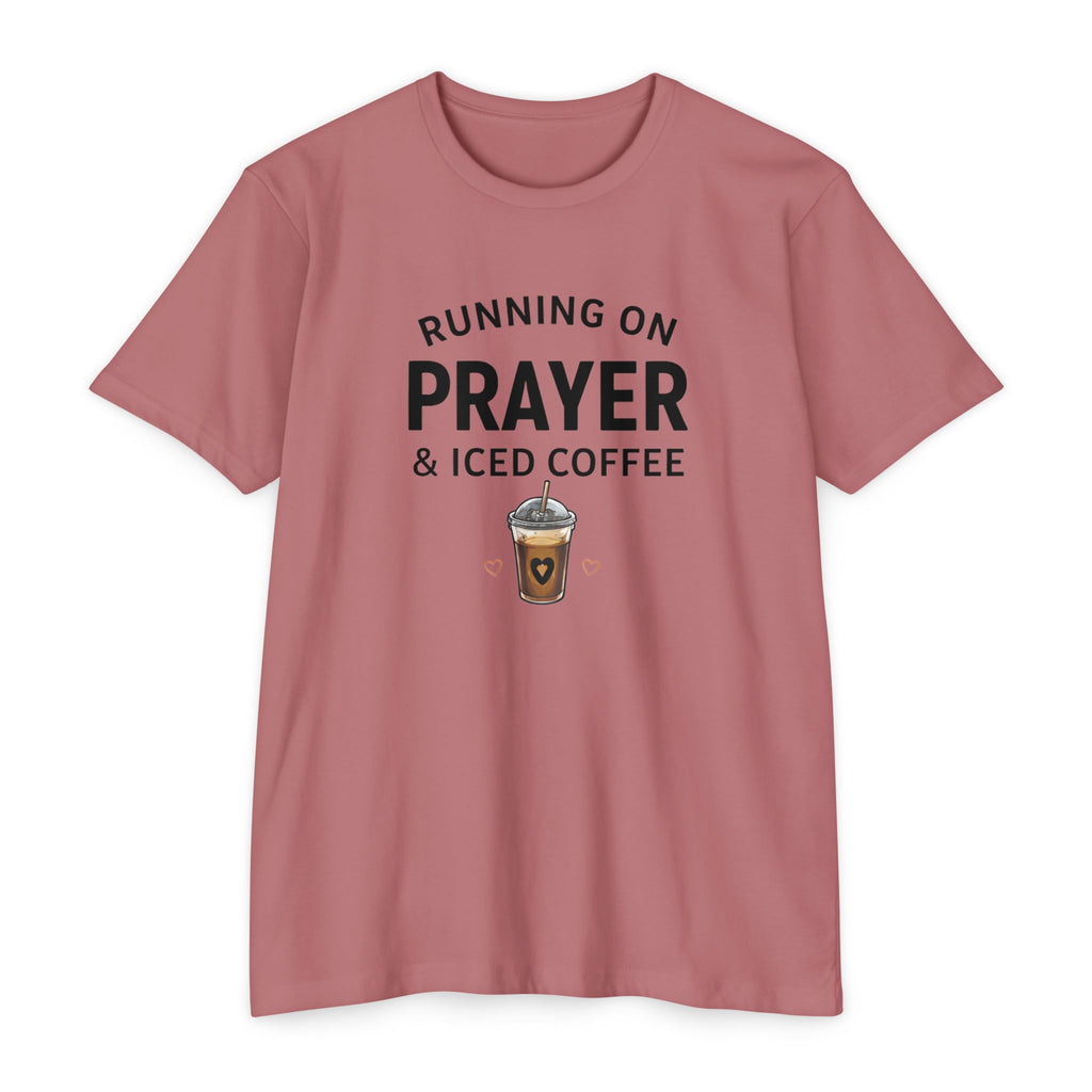 Prayer & Iced Coffee T-Shirt — "Running on Prayer & Iced Coffee" Christian Coffee Tee