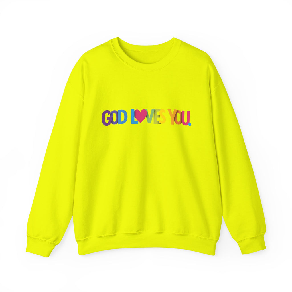 God Loves You Crewneck Sweatshirt — Rainbow Faith Graphic