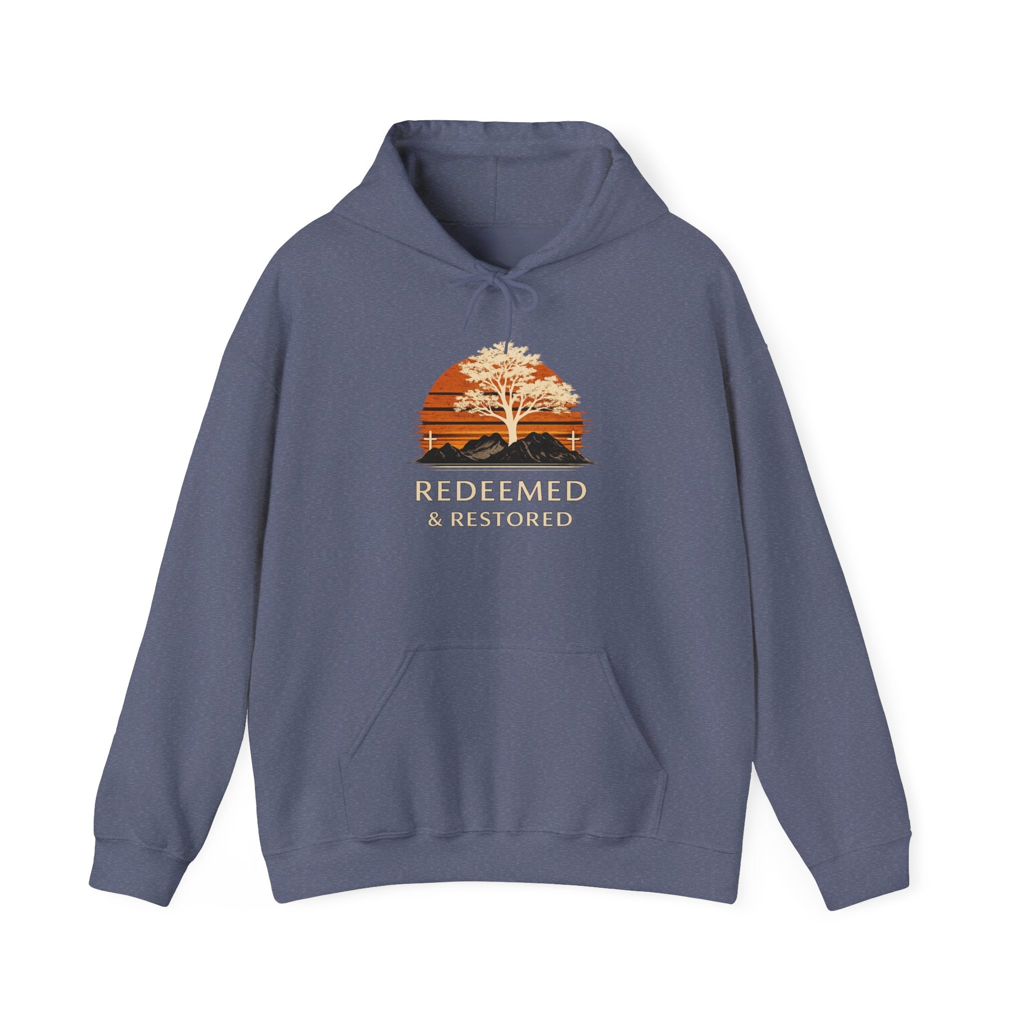 Redeemed & Restored Hoodie – Sunset Tree Faith Graphic Hooded Sweatshirt