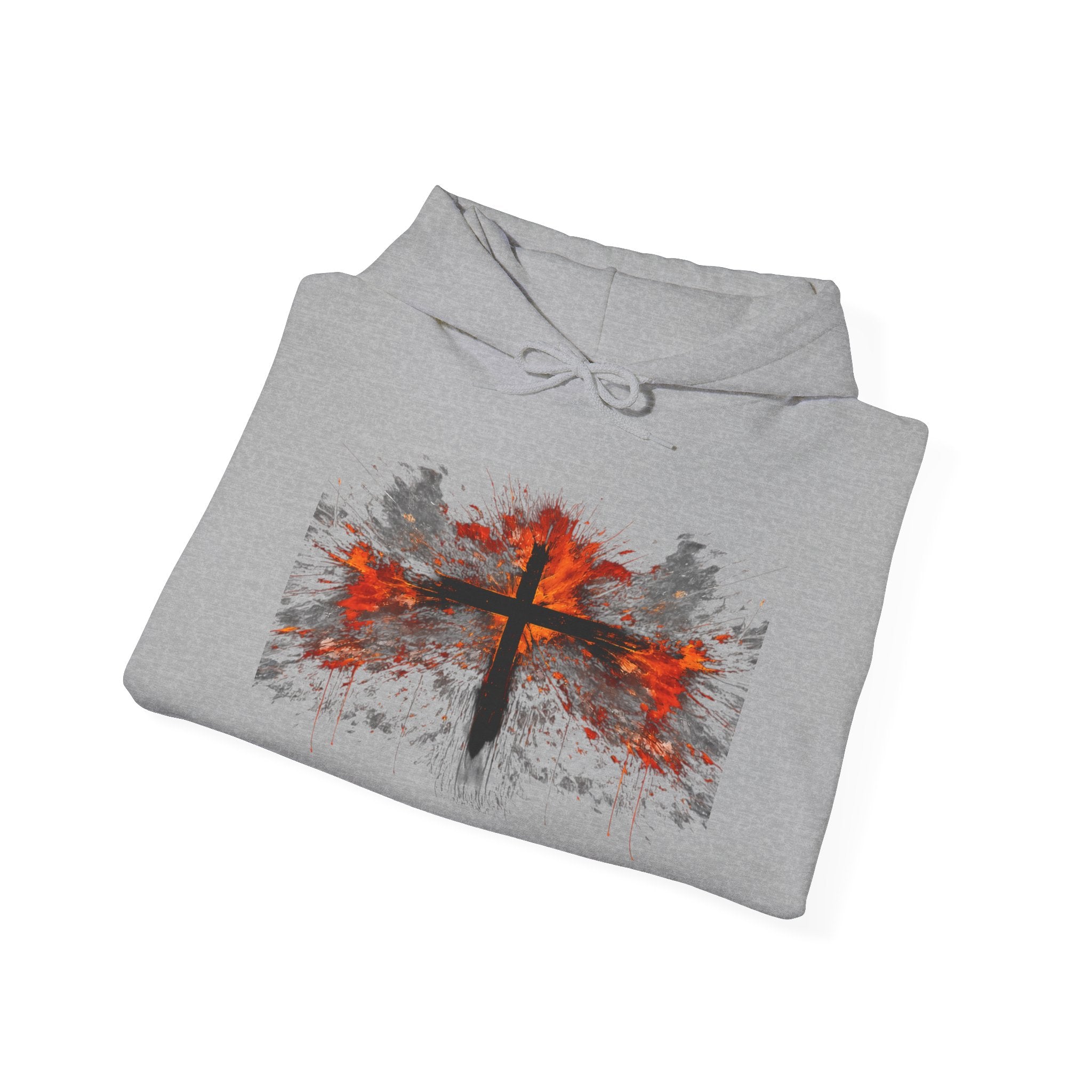 Mens Christian Cross Hoodie — Grunge Red & Black Faith Pullover